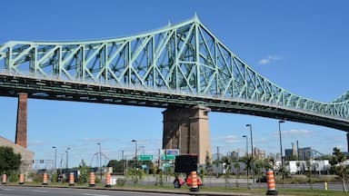A large green bridge with multiple lanes, traffic cones, and street signs.