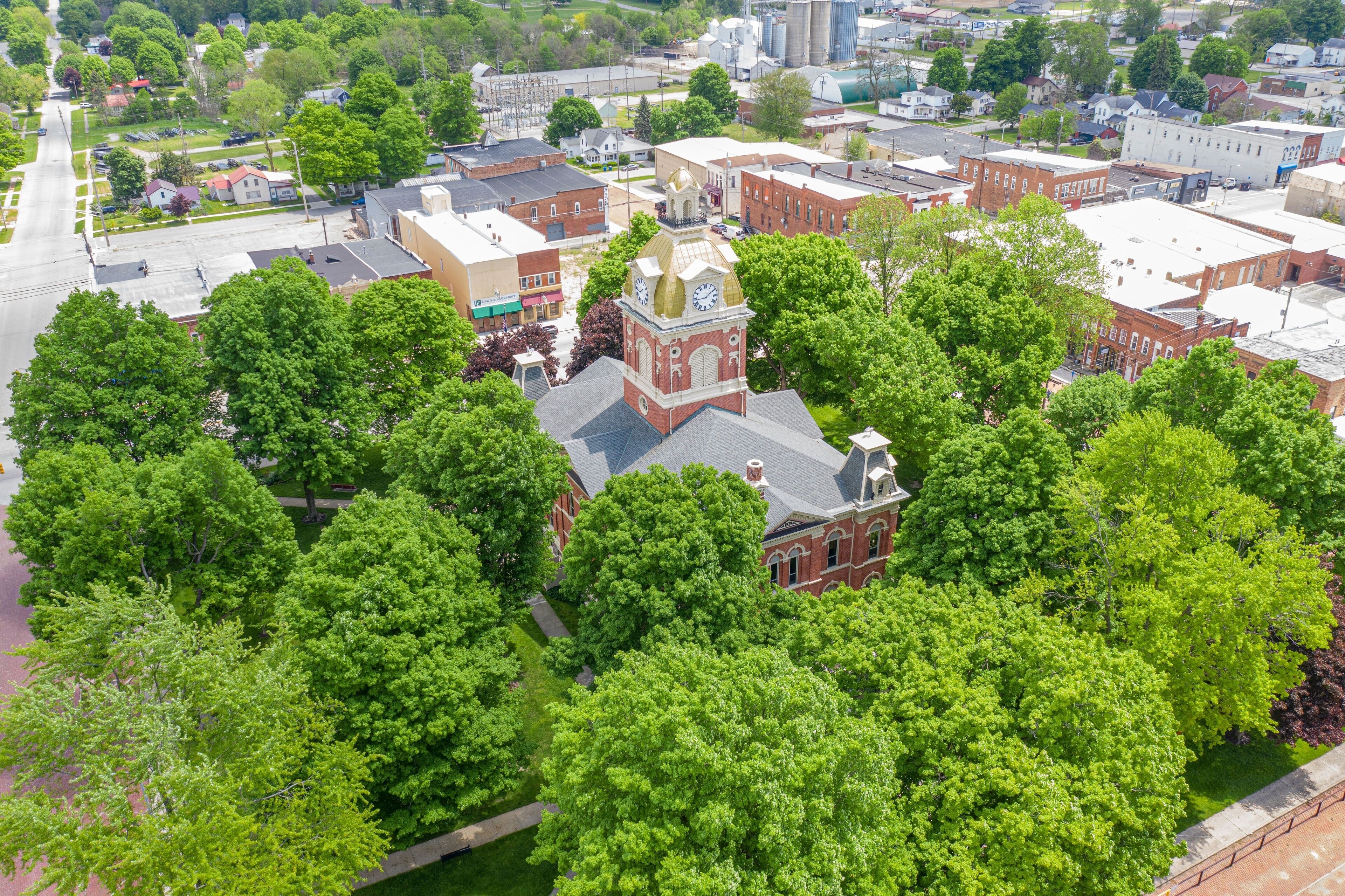 Aerial view of the LaGrange County Courthouse in LaGrange, Indiana.