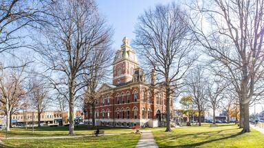 The historic 1879 courthouse of LaGrange, Indiana on a late fall afternoon.