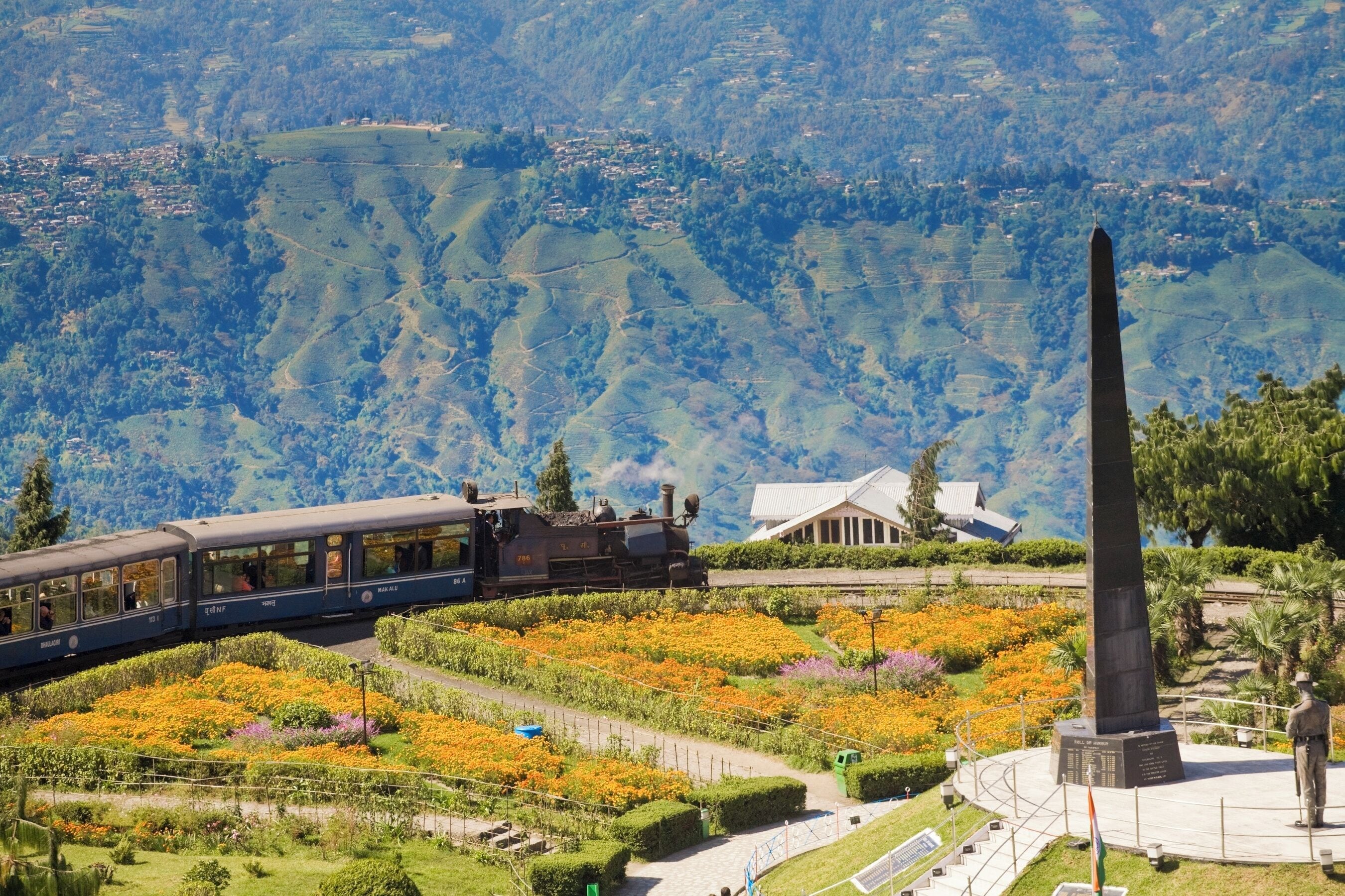 India, West Bengal, Darjeeling, India, West Bengal, Batasia Loop, Steam train known as the Toy Train of the Darjeeling Himalayan Railway listed as a World Heritage Site,