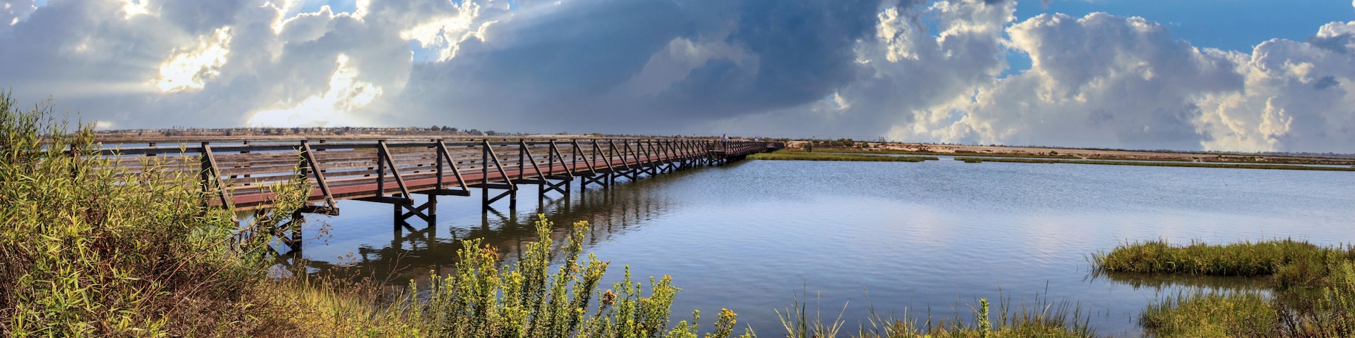 A wooden bridge over a calm body of water, surrounded by greenery and under a cloudy sky.