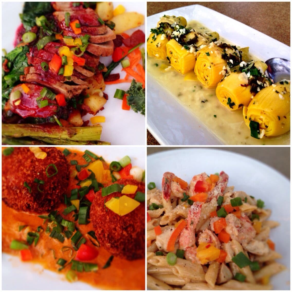 Southern American cuisine. Duck with pomegranate sauce, artichoke hearts, crab cakes and Galveston Pasta