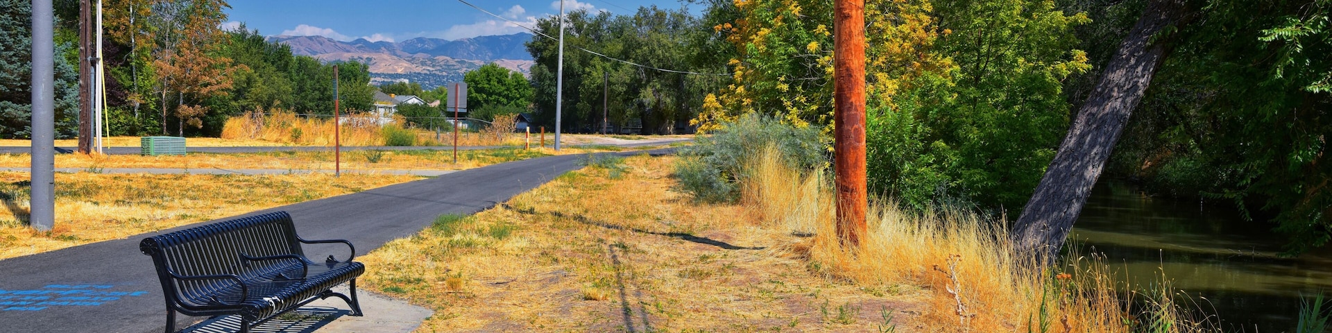 Views of Jordan River Trail with surrounding trees, Russian Olive, cottonwood and silt filled muddy water along the Wasatch Front Rocky Mountains, in Salt Lake City, Utah.