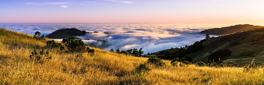 Panoramic view at sunset of valley covered in a sea of clouds in the Santa Cruz mountains, San Francisco bay area, California