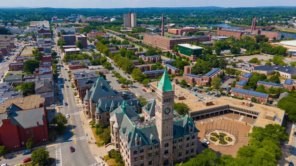 Lowell City Hall and downtown aerial view in downtown Lowell, Massachusetts MA, USA.