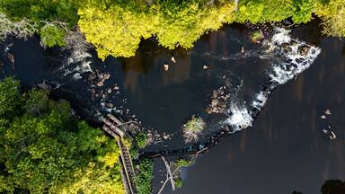 Aerial view featuring Wamesit Falls in Lowell, Massachusetts