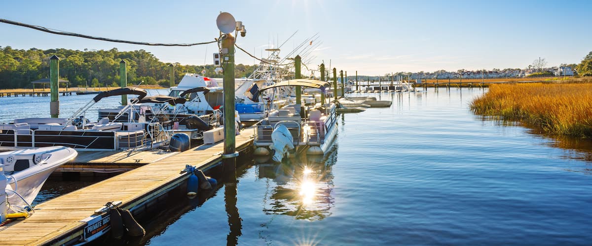 A marina with boats docked, a clear sky, and a calm water body.