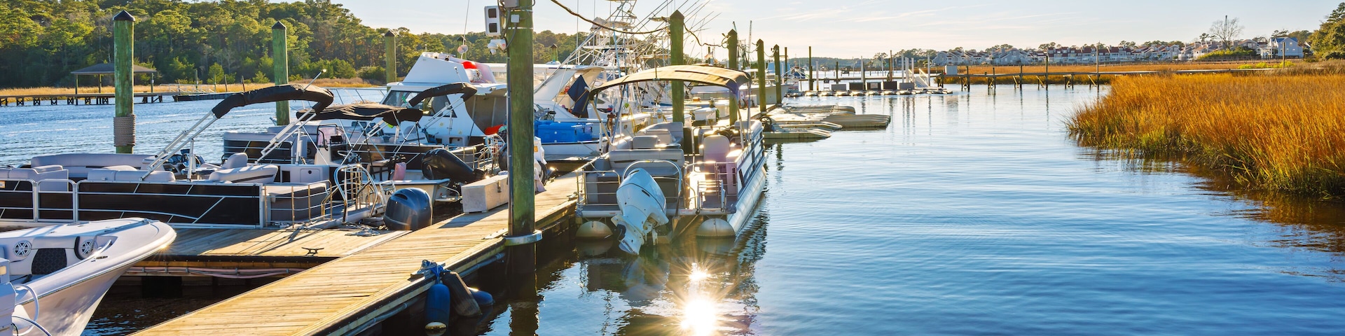 A marina with boats docked, a clear sky, and a calm water body.