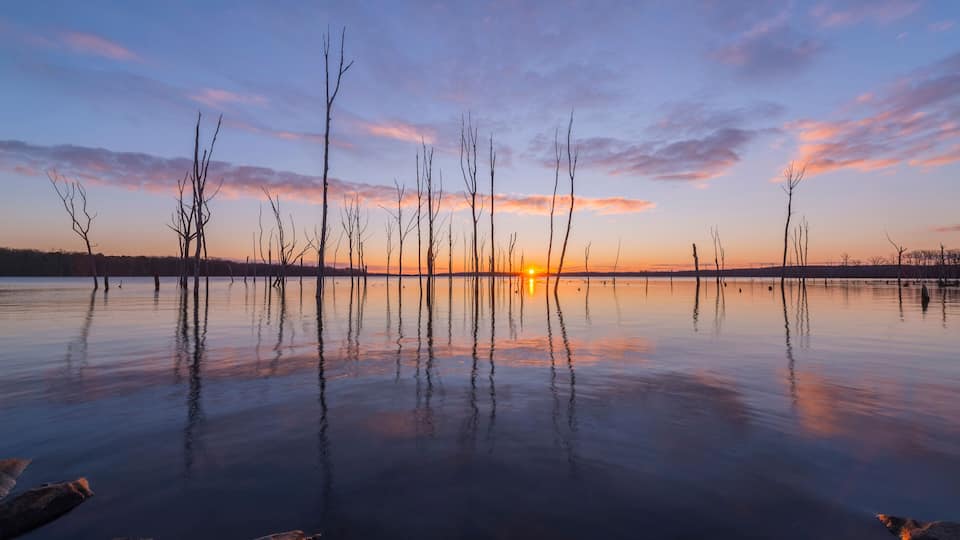 A sunset over a calm lake with bare trees and rocks in the foreground.