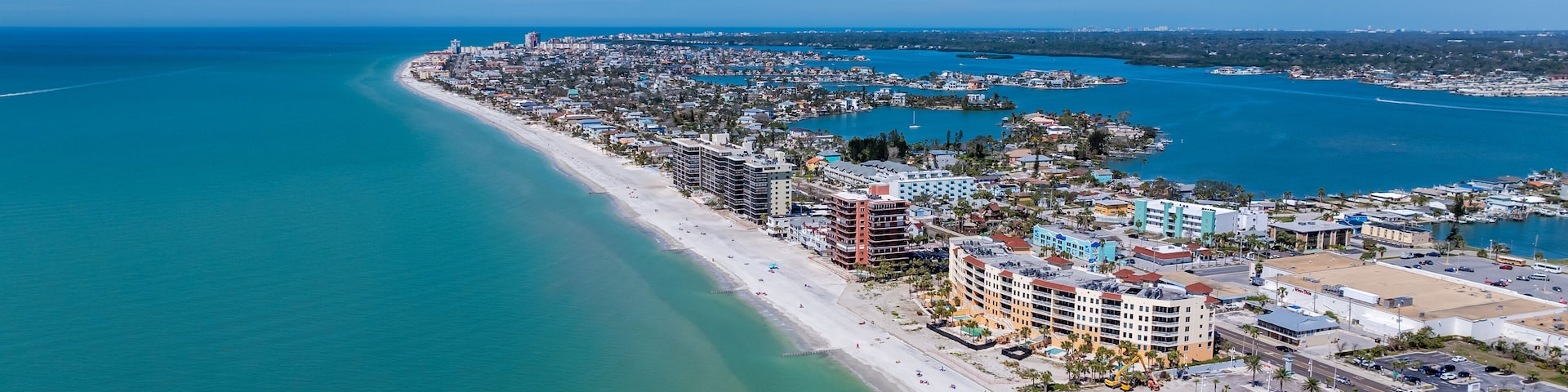 Madeira Beach, FL, USA - 02-23-2025: Winter aerial image of the vacation beach community, Madeira Beach, on the Gulf of Mexico.