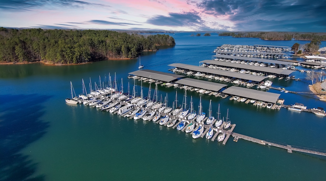 aerial shot of the boats and yachts docked in the marina on the waters of Lake Lanier surrounded by lush green trees with powerful clouds at sunset in Buford Georgia USA