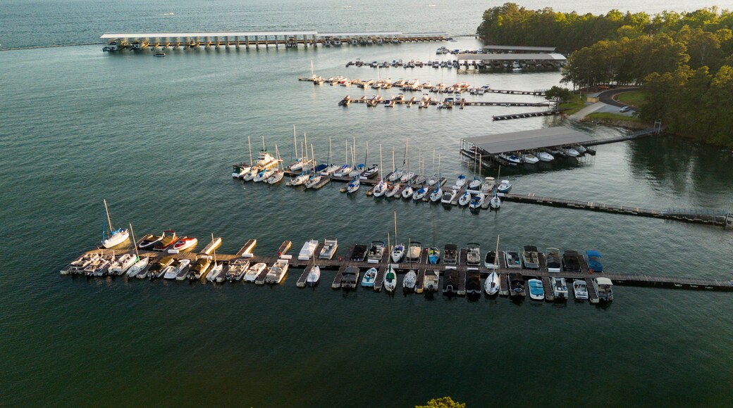 Beautiful aerial view of Marina at Lake Lanier shot during golden hour in Buford, GA, USA