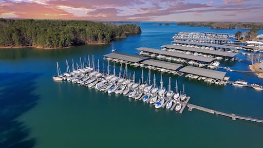 aerial shot of the boats and yachts docked in the marina on the waters of Lake Lanier surrounded by lush green trees with powerful clouds at sunset in Buford Georgia USA