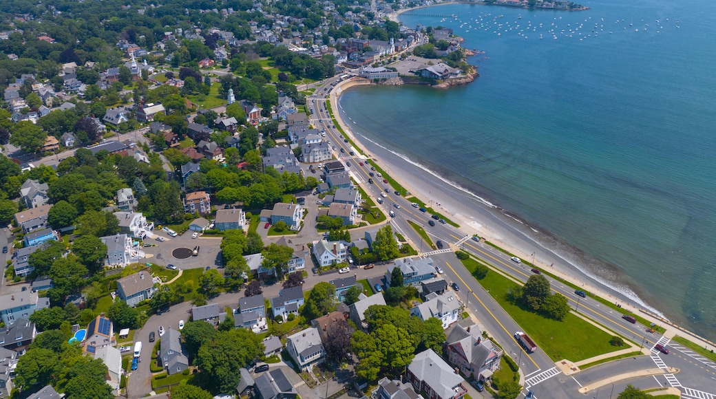 King's Beach aerial view at Lynn Shore Drive at the coast of Lynn city and Swampscott town in Essex County with Fisherman's Beach at the background, Massachusetts MA, USA.