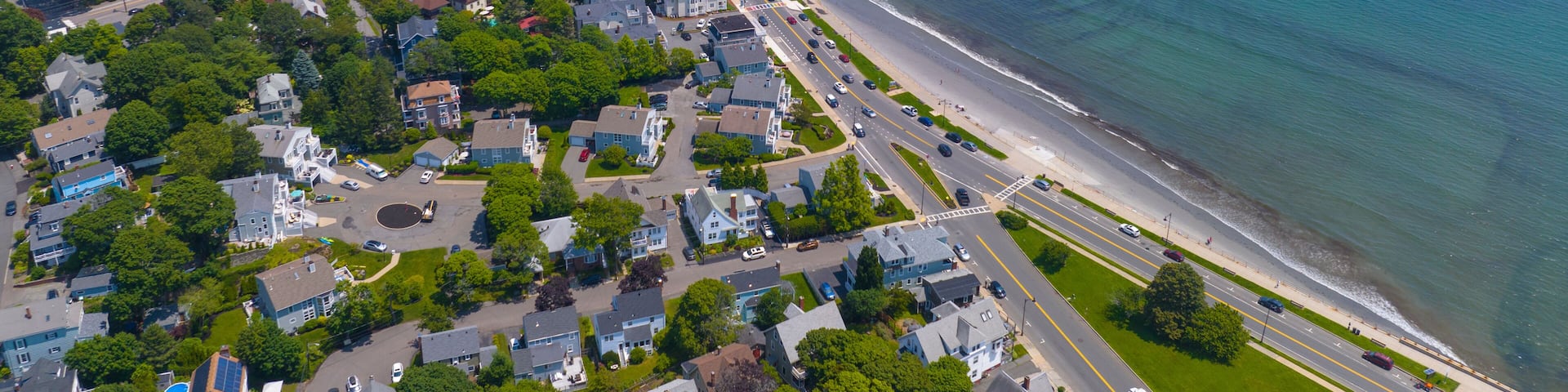 King's Beach aerial view at Lynn Shore Drive at the coast of Lynn city and Swampscott town in Essex County with Fisherman's Beach at the background, Massachusetts MA, USA.
