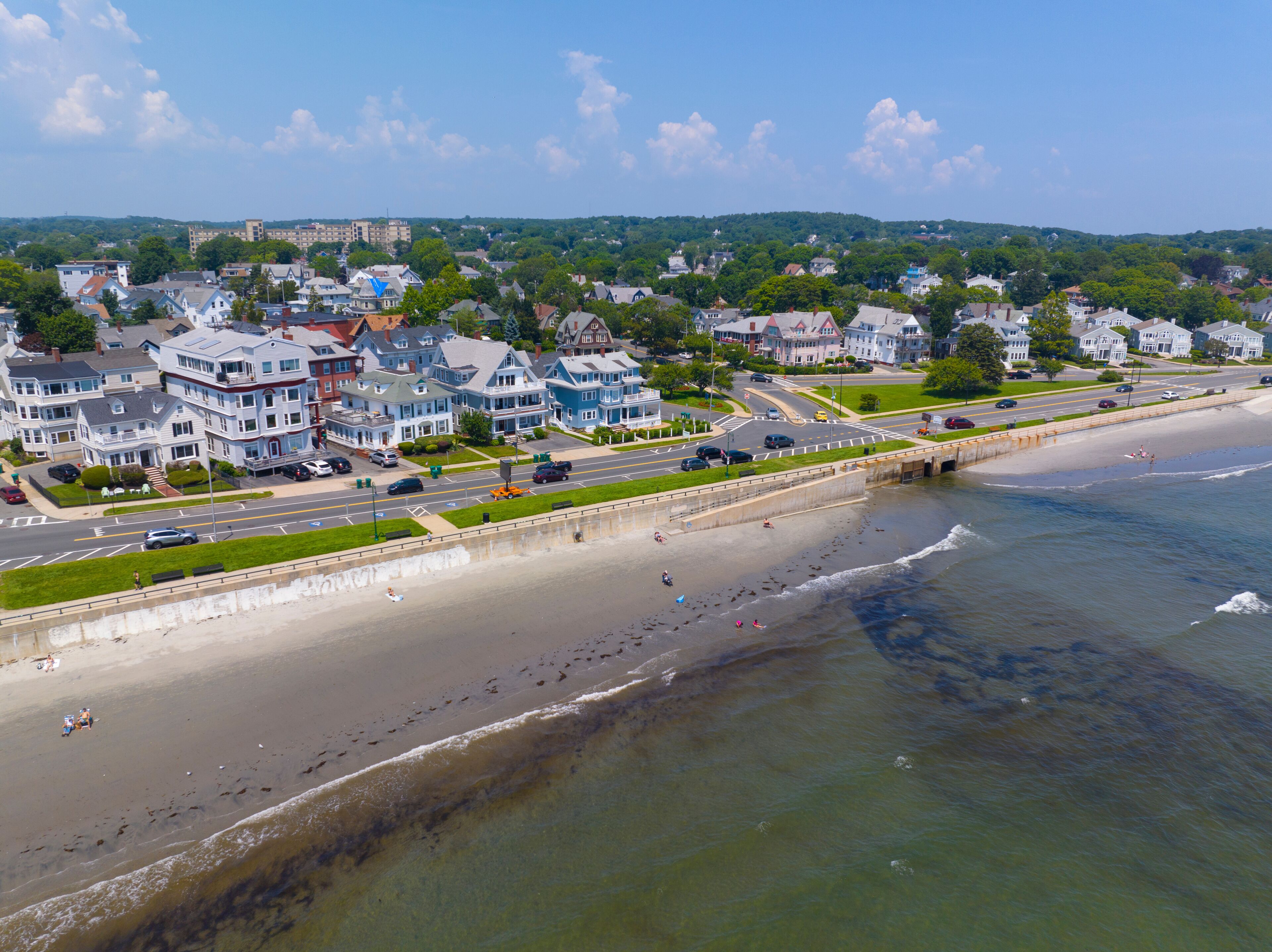 King's Beach aerial view at Lynn Shore Drive at the coast of Lynn city and Swampscott town in Essex County, Massachusetts MA, USA. 