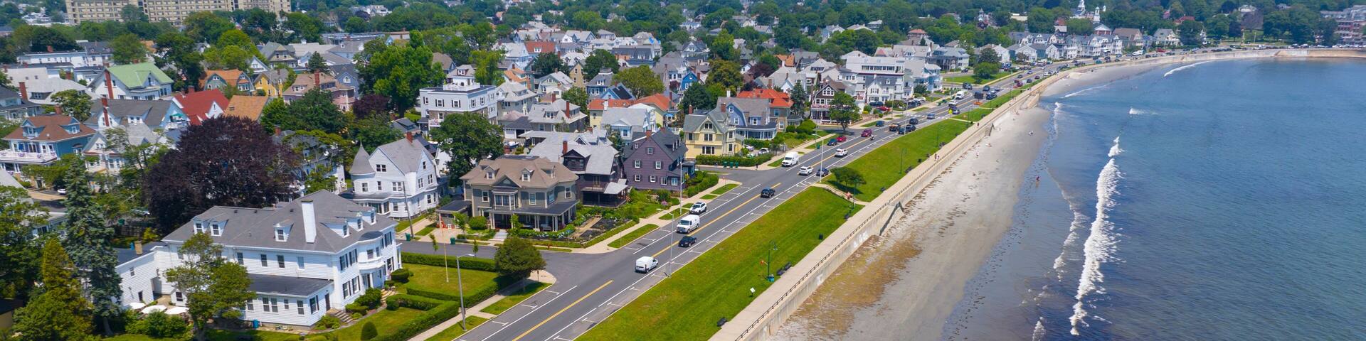 King's Beach aerial view at Lynn Shore Drive at the coast of Lynn city and Swampscott town in Essex County, Massachusetts MA, USA.