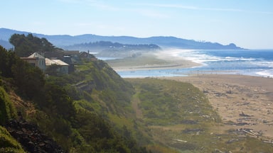 A coastal landscape with a beach, cliffs, and houses on a hillside.