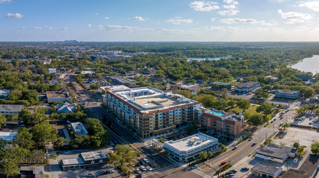 Aerial view of Maitland, Florida with city of Orlando skyline in the horizon. March 30, 2023, afternoon.