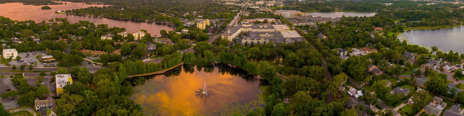 Aerial Panoramic view of Maitland, Florida during sunset. May 29, 2022