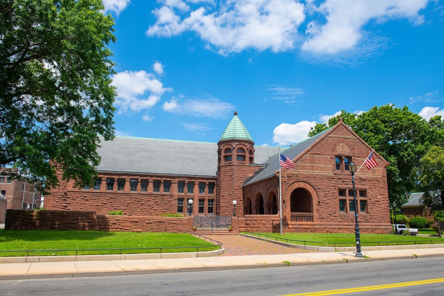 Malden Public Library at 36 Salem Street in historic city center of Malden, Massachusetts MA, USA.