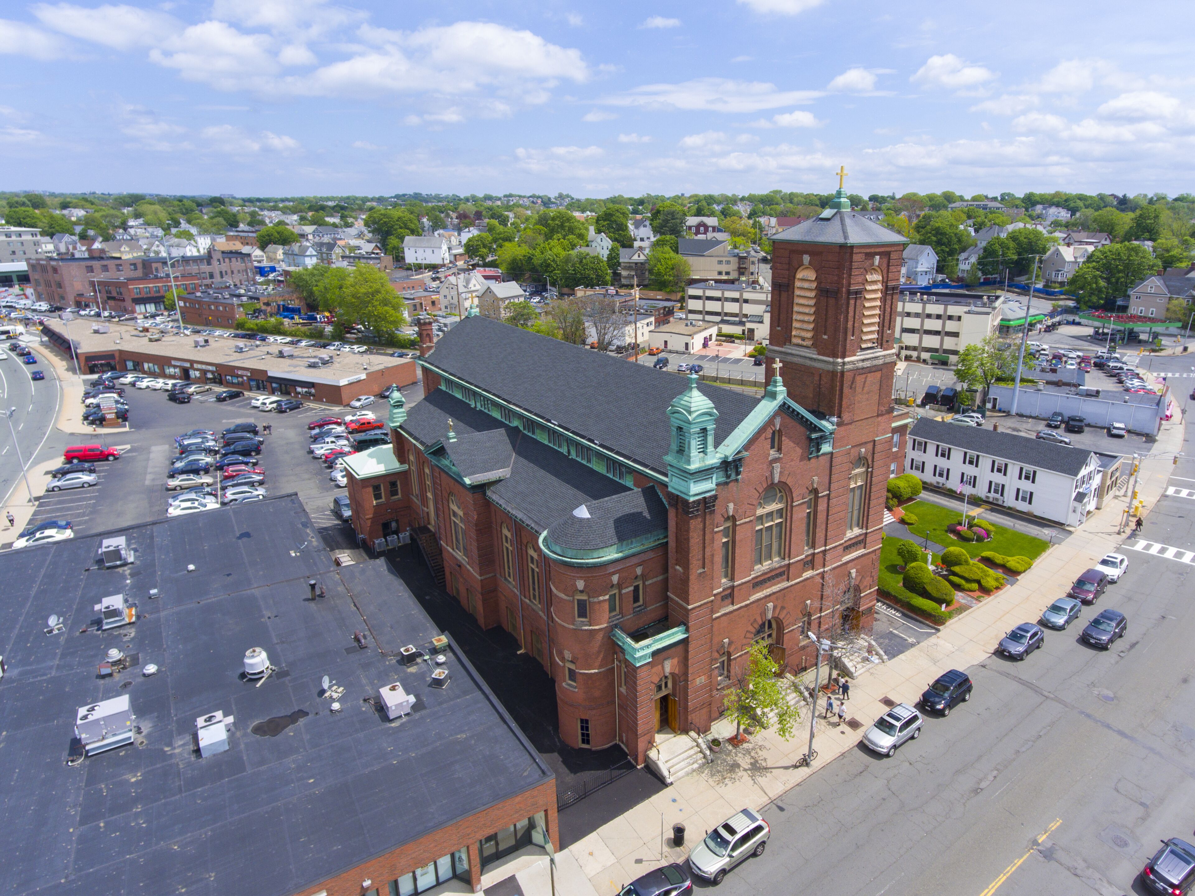 Aerial view Sacred Heart Rectory Church in downtown Malden, Massachusetts, USA.