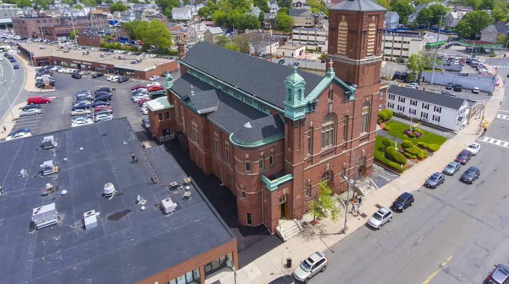 Aerial view Sacred Heart Rectory Church in downtown Malden, Massachusetts, USA.