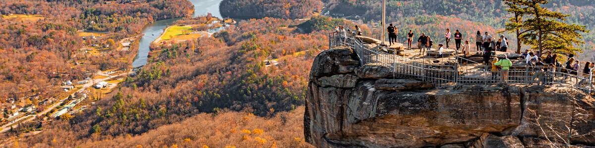 Chimney Rock at Chimney Rock State Park and Lake Lure, North Carolina,USA in fall season.