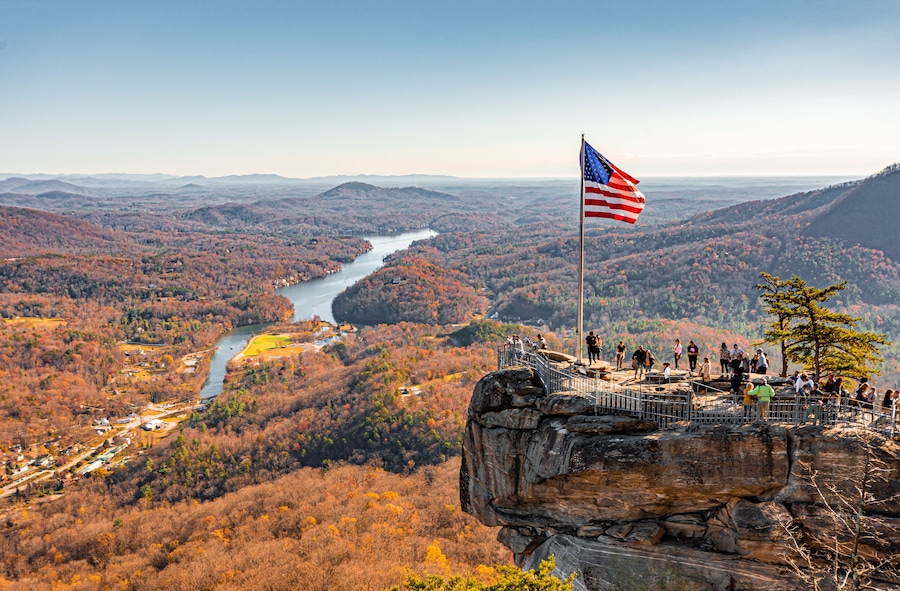 Chimney Rock at Chimney Rock State Park and Lake Lure, North Carolina,USA in fall season.