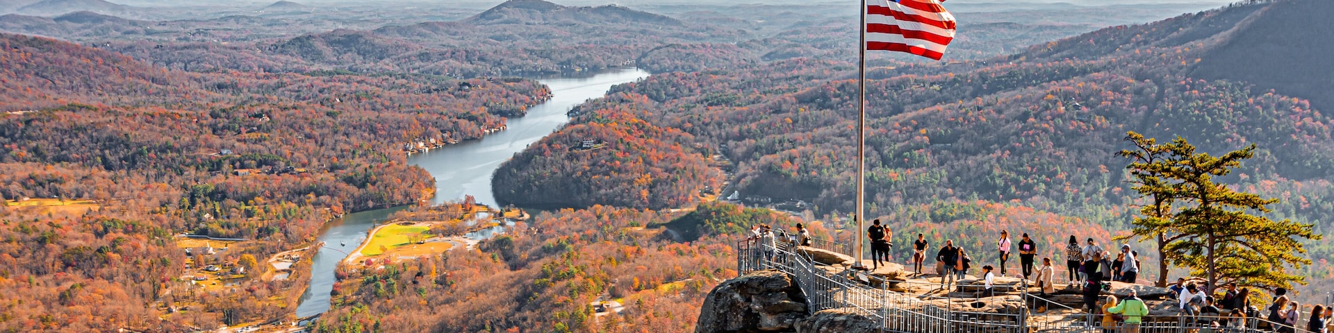 Chimney Rock at Chimney Rock State Park and Lake Lure, North Carolina,USA in fall season.