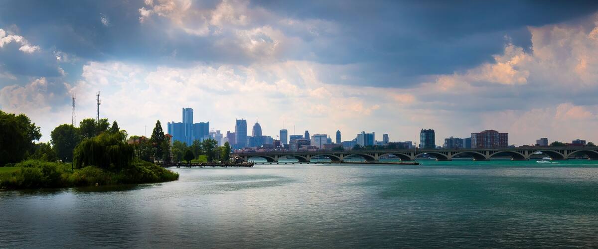 A river with a bridge, a city skyline, and a park with trees.