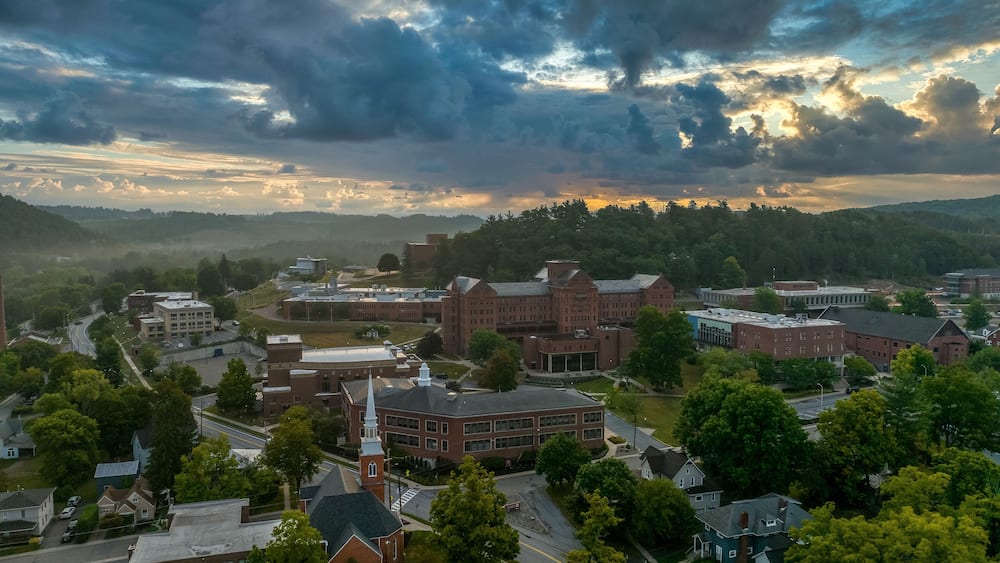 Aerial view of Mansfield University and town in rural Pennsylvania typical small town America in the rust belt with dramatic morning sky