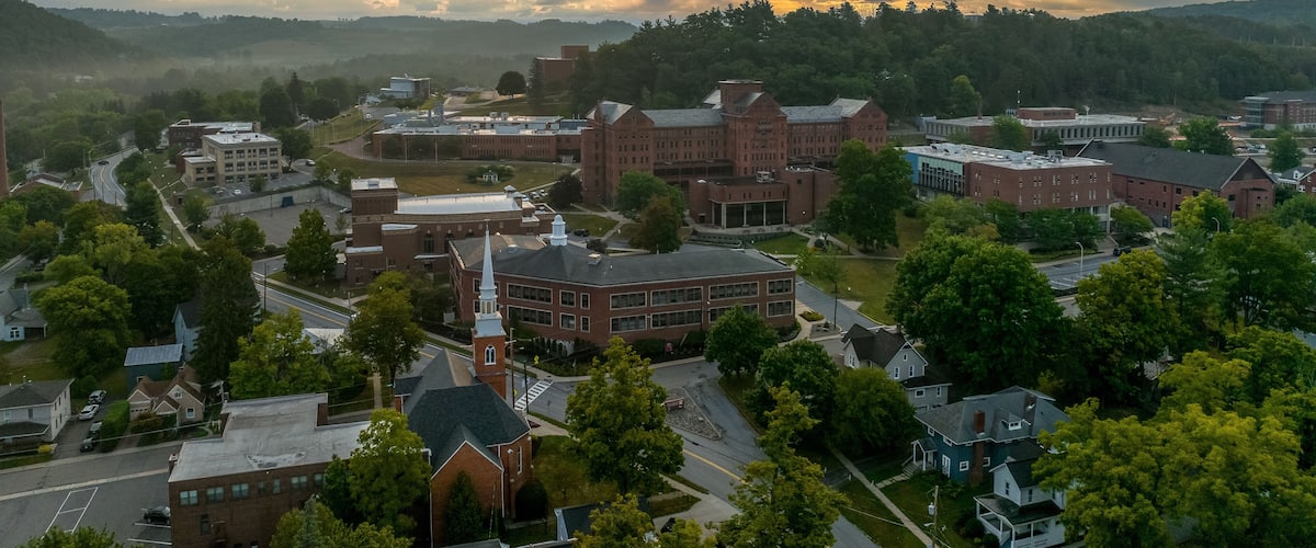 Aerial view of Mansfield University and town in rural Pennsylvania typical small town America in the rust belt with dramatic morning sky