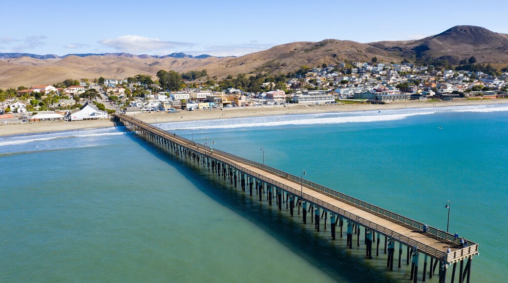 A long pier reaches out into the Pacific Coast in the quaint city of Cayucos, California. This central California region is known for its scenic coast, great surfing and fishing.