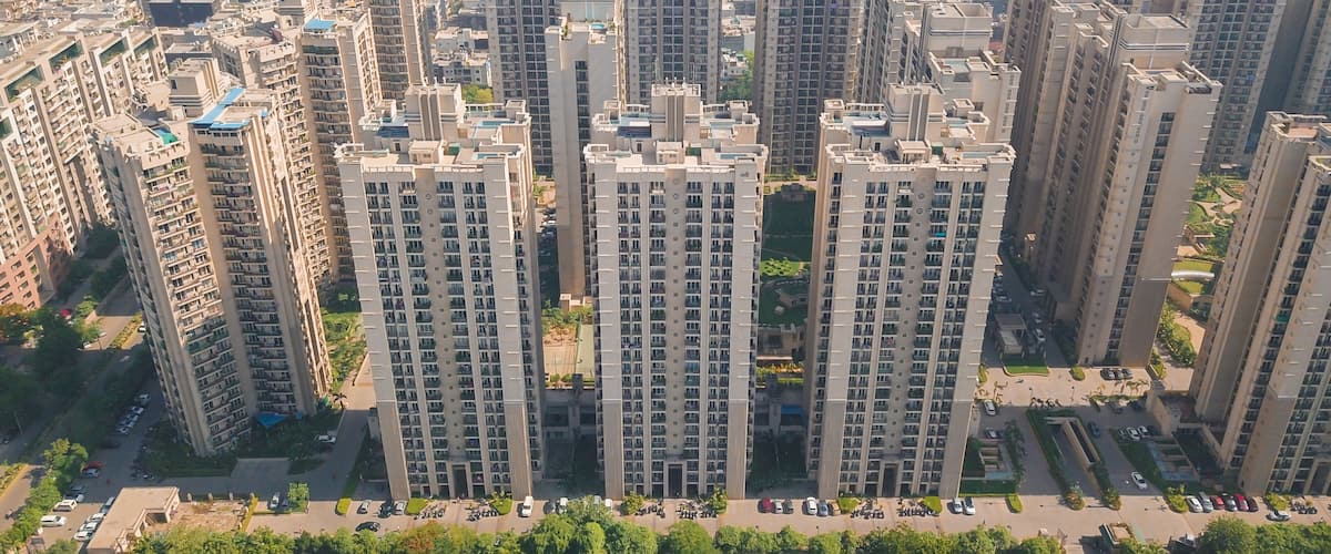 Aerial view of multistoreys buildings of ATS society in day light, Indrapuram, Delhi ncr, India.