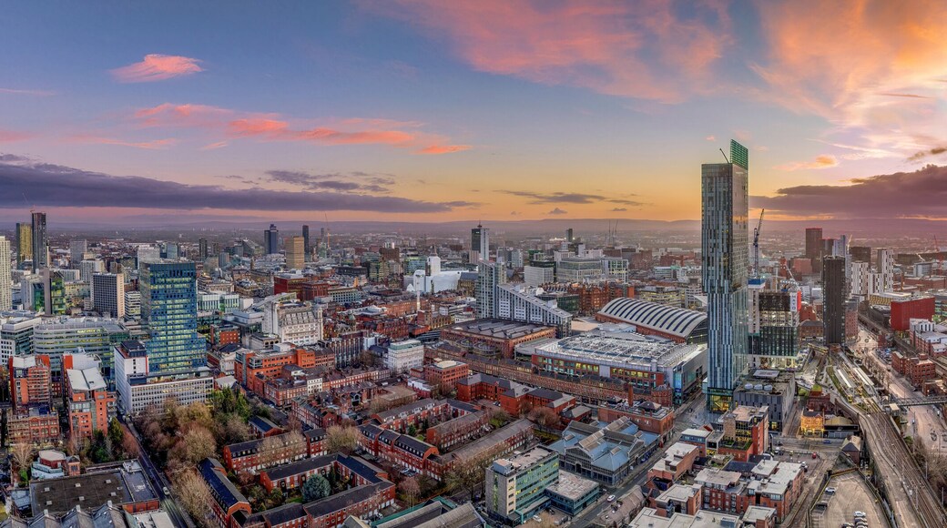 Manchester City centre Aerial night view of Deansgate Square and Beetham Tower Manchester northern England. City Centre at sunrise with coloured sky