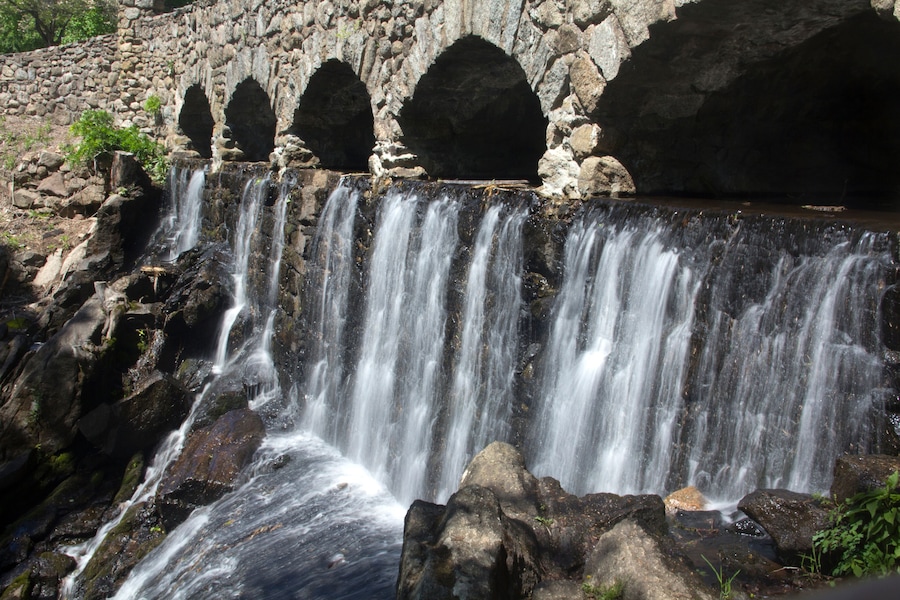 Stone bridge at Highland Park Falls in Manchester, Connecticut.