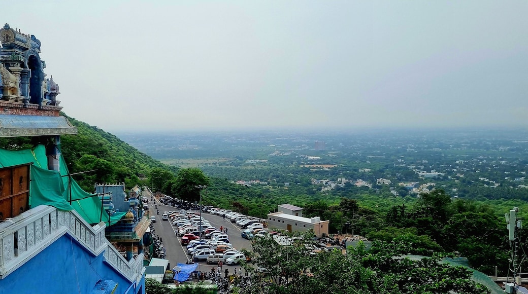 Scenic view from Maruthamalai Temple, a famous hilltop temple in Coimbatore, Tamil Nadu, dedicated to Lord Murugan, known for its serene atmosphere and panoramic city views