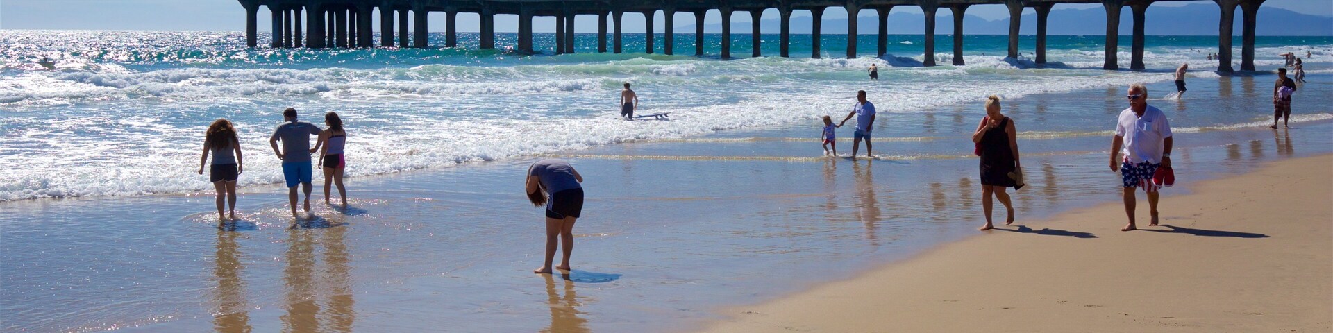 Manhattan Beach featuring a sandy beach and general coastal views as well as a small group of people