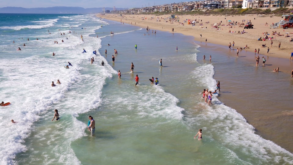 A crowded beach with people swimming and surfing in the water.