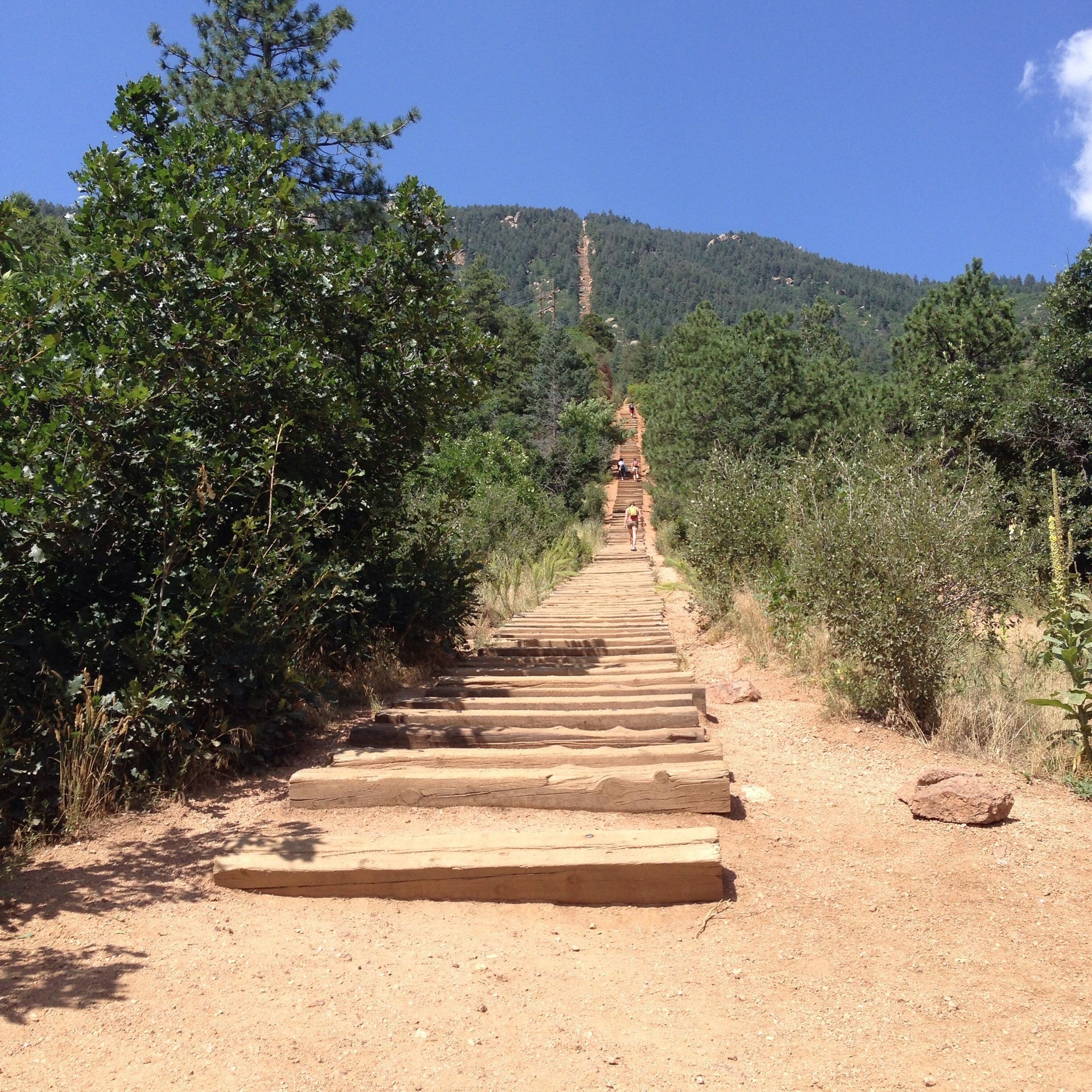 Looking up from the bottom of The Incline, a steep but short (about a mile) hike straight up along an old rail route. If you're in shape, it will take less than 40 minutes. And then you can hike back down via the Barr Trail for some new scenery.