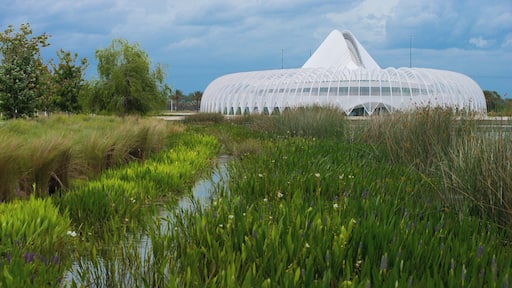 #Details
The Innovation, Science, and Technology (IST) Building is Florida Polyโs flagship building and the main classroom and laboratory building. The 162,000-square-foot, white-domed building is a moveable and functional work of art, with a louvered roof system that moves throughout the day providing passive lighting inside the second-floor atrium. The oval-shaped building is ringed by curved metal pergolas that shade its outer terrace and walkways.
