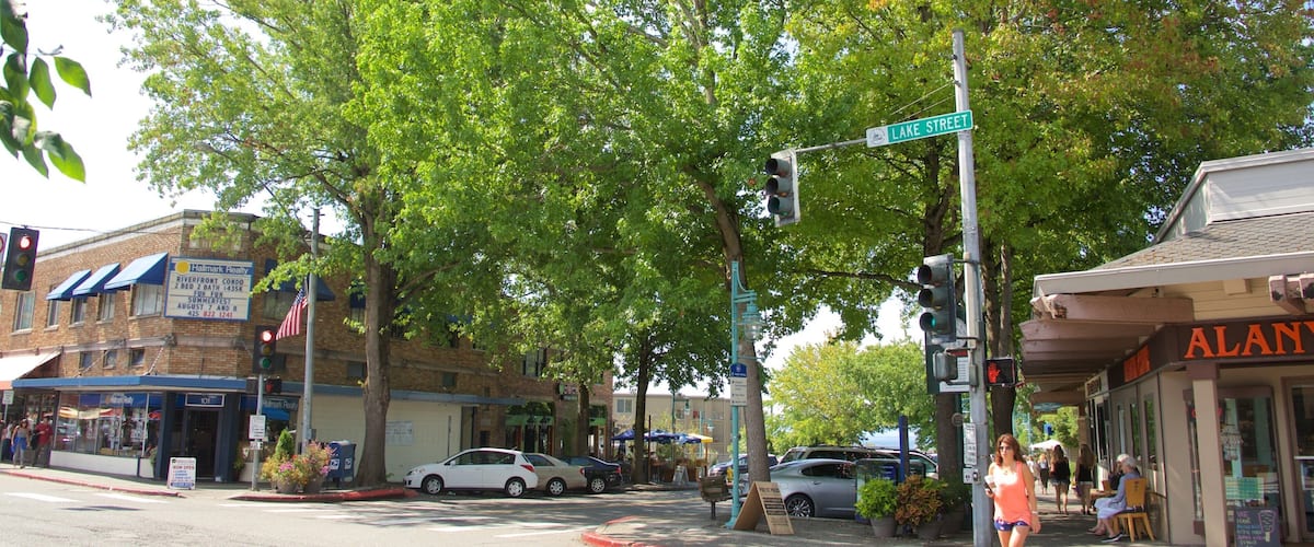 A street intersection with signs for Kirkland Ave and Lake St.
