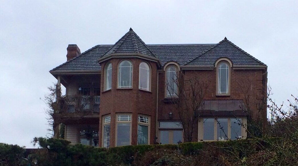 Cool house across the street from the park! I was tempted to make the picture black-and-white so it would look like a house from a movie about a haunted house. It definitely made me think of Stephen King's Rose Red.