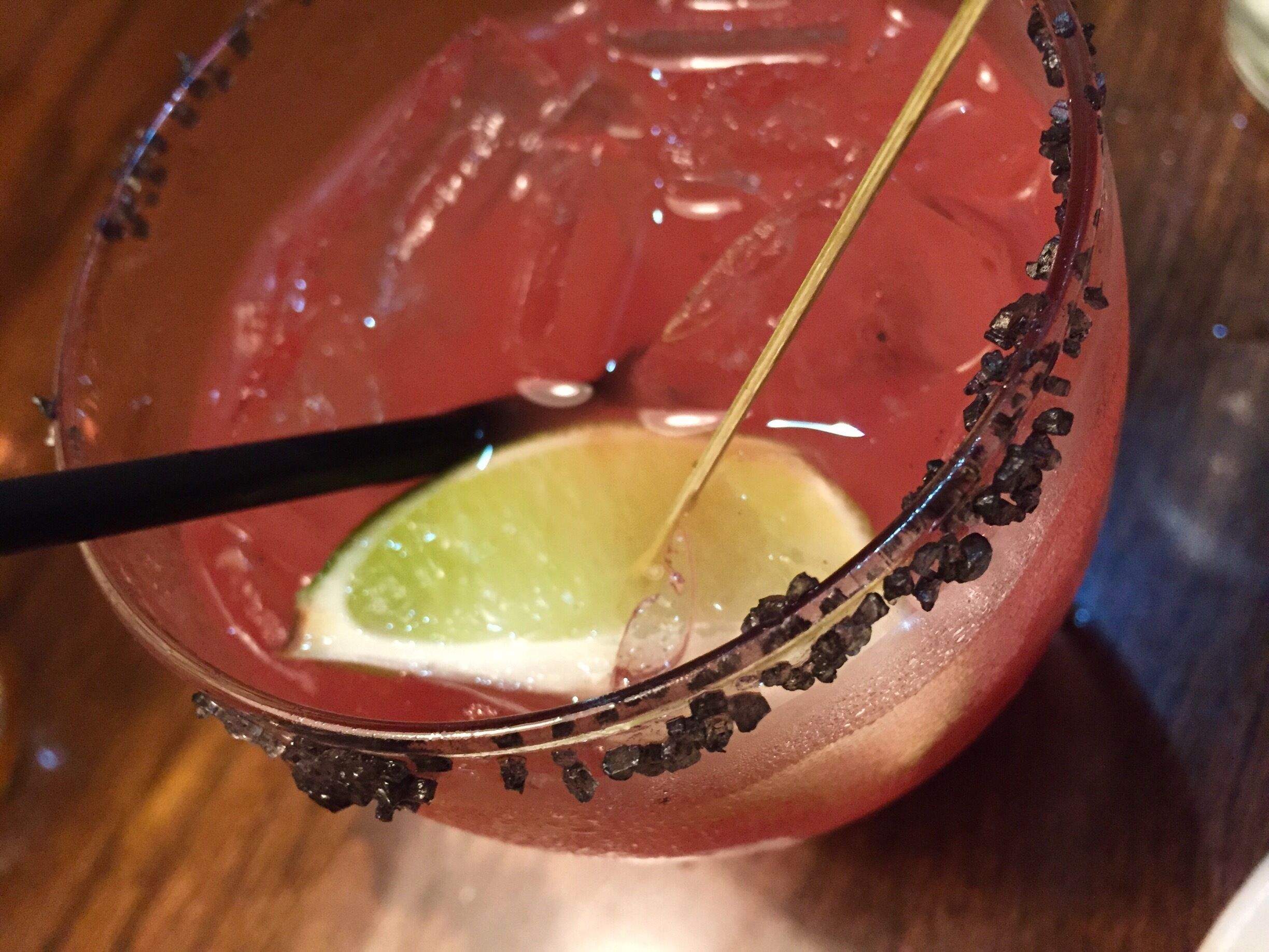 Watermelon margarita, made complete with Hawaiian black lava salt on the rim...piquantly, refreshingly delicious.