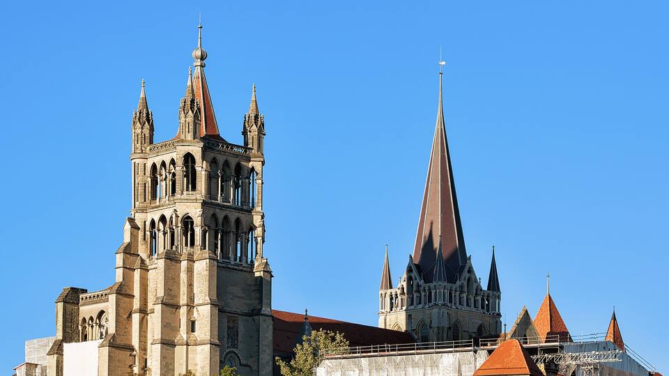 Cathedral of Notre Dame, Lausanne, Switzerland. Seen from Le Flon district
