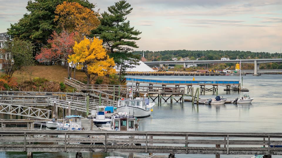 A waterfront with boats docked, a bridge in the background, and autumn foliage.