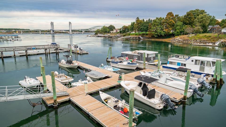A marina with various boats docked at wooden piers, a bridge in the background, and a forested hillside.