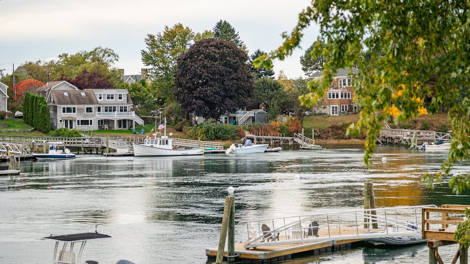 A marina with several boats docked, surrounded by houses and trees.