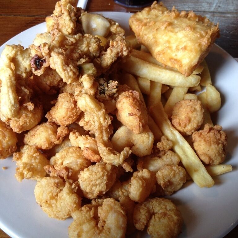 Fried seafood combo ...not the healthiest dinner but sometimes...who cares it is Damn Good